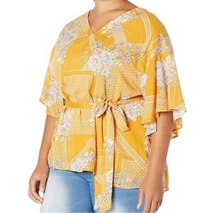 Jessica Simpson Tie Waist Blouse Yellow Floral Sz 1X Gardenia